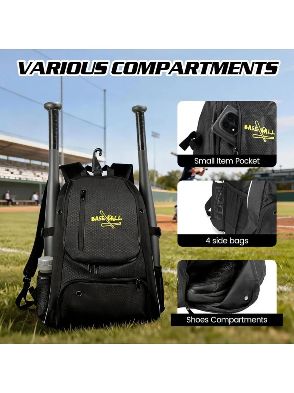 Lightweight Youth Baseball & Softball Bag with Shoe Compartment & Fence Hook